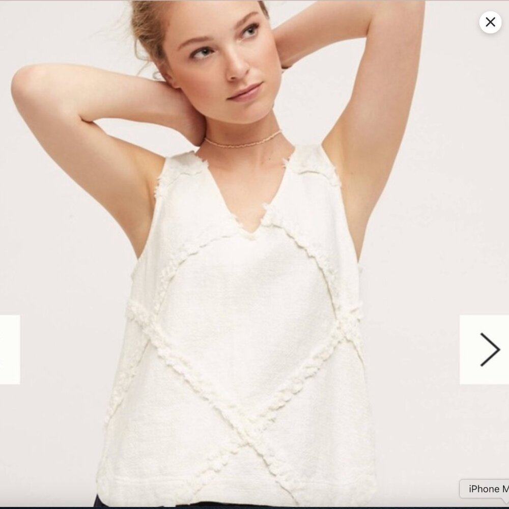 Anthropologie HD In Paris Cross Hatch Linen Fringe Tank Top, White, size 12